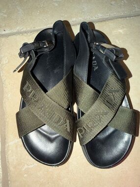 Prada Black Leather Sandals with Olive Green Cross Straps